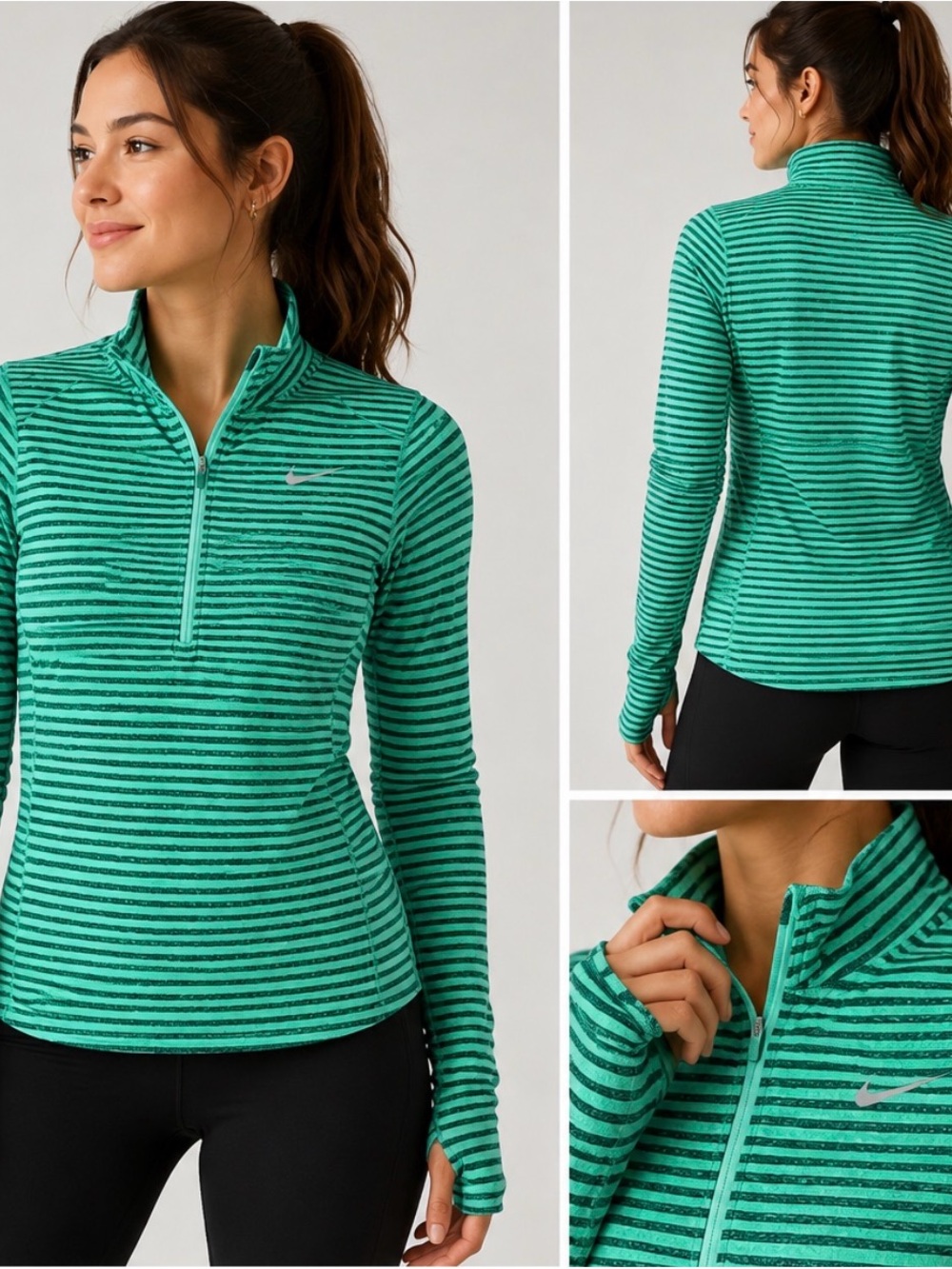 Nike Element Dri-FIT 1/2 Zip Running Pullover Green Striped Size M